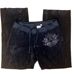 Juicy Couture Women's M Black Velour Track Pants Sacred Heart Diamanté